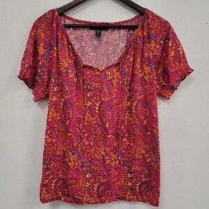 Lauren‎ Ralph Lauren Womens Paisley Artsy Top Size 1X Pink Festival Boho Hippie